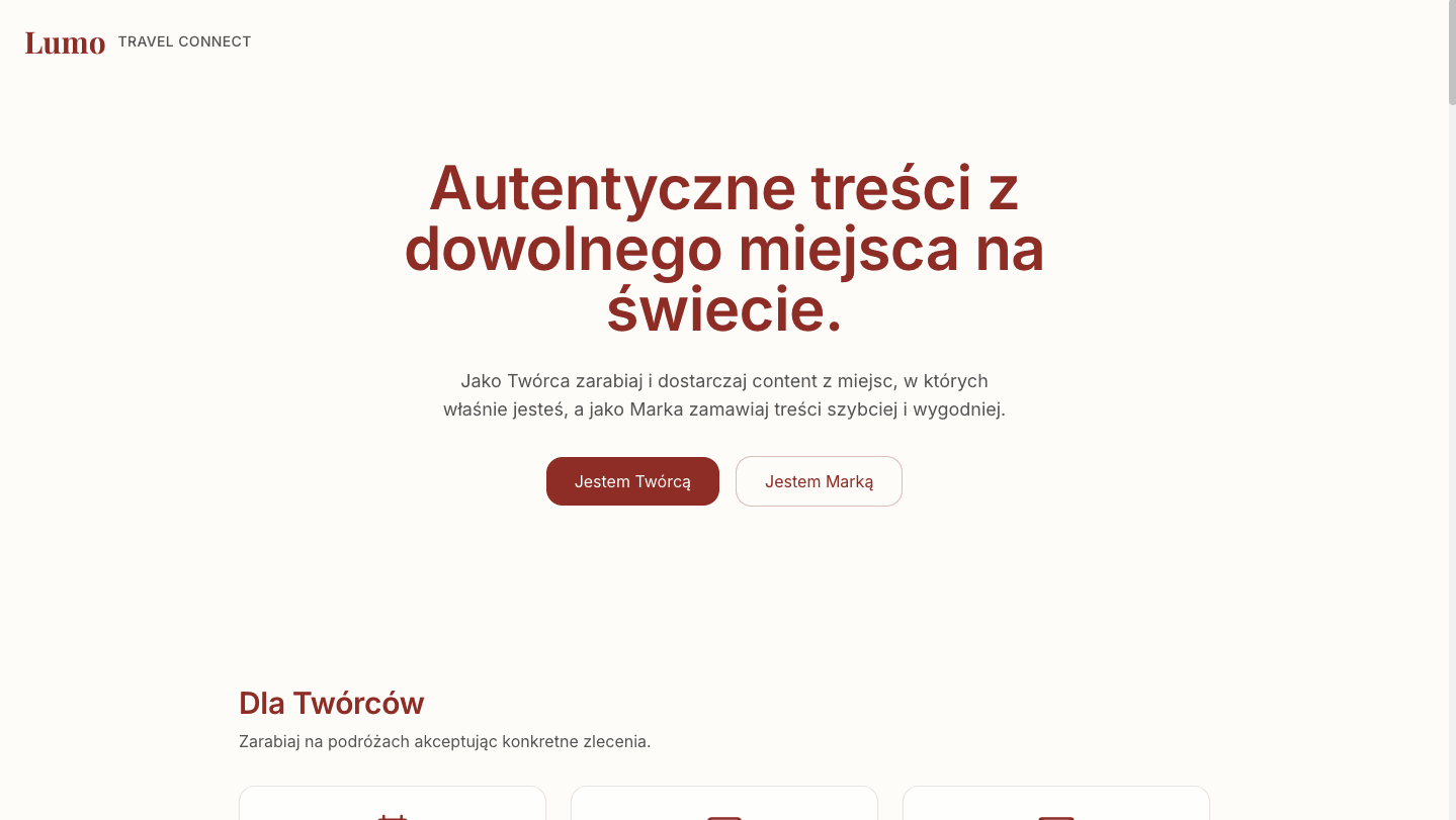 Lumo — Platforma łącząca marki z twórcami podróżującymi po świecie. — desktop